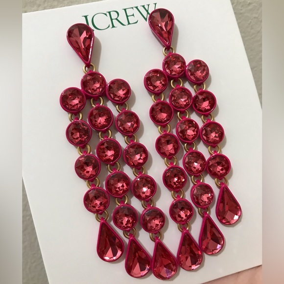 NWT J. Crew Sparkly Waterfall Earrings, Statement Sparkle Prom Formal Dance Red - Picture 9 of 12